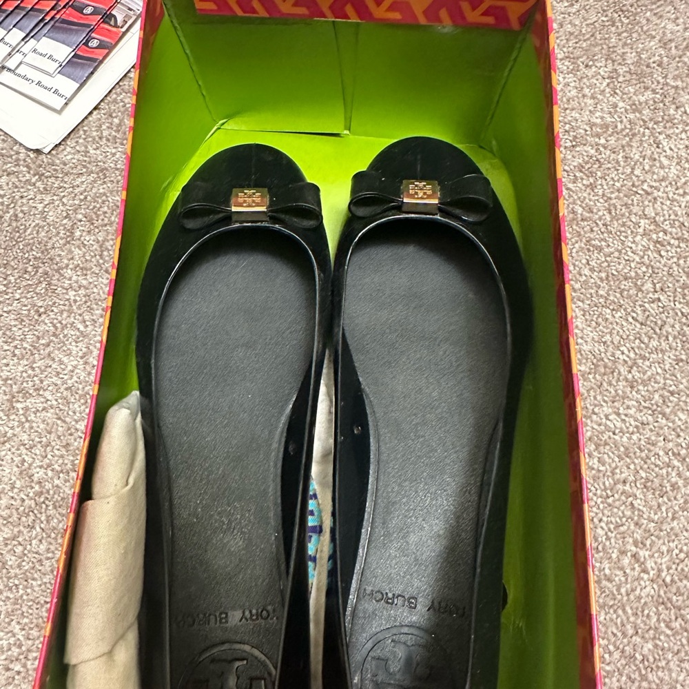 Tory Burch Jelly Black Flats with Bow Accent